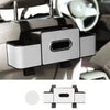 A silver and black multifunctional car back seat organizer with a cup holder designed for vehicle interior use.