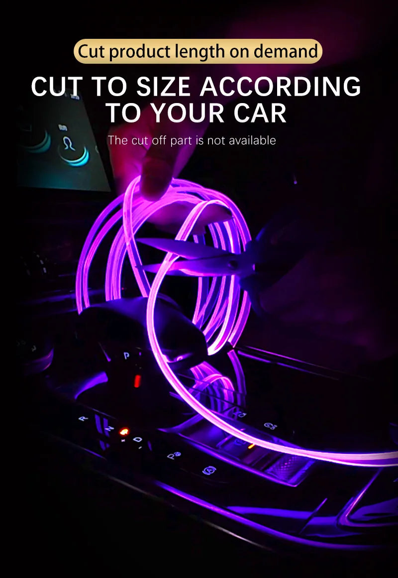 Purple flexible USB LED light strip installed in a car interior, highlighting the dashboard.