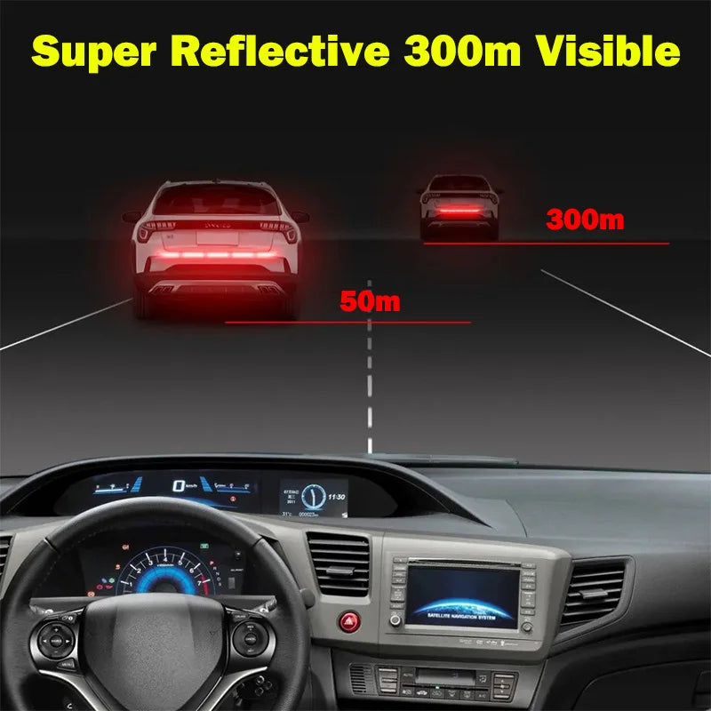 A car interior view showing a dashboard and steering wheel, with graphics illustrating the 300m visibility range of reflectiv