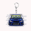Silver acrylic keychain featuring a detailed model of a blue sports car.