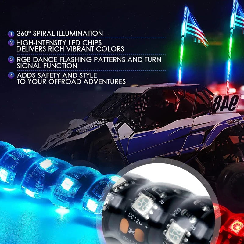 Close-up of an RGB chasing light whip illuminating the front of a black off-road vehicle.