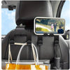 A black universal car seat mobile phone holder with a storage hook is mounted on the seat back.