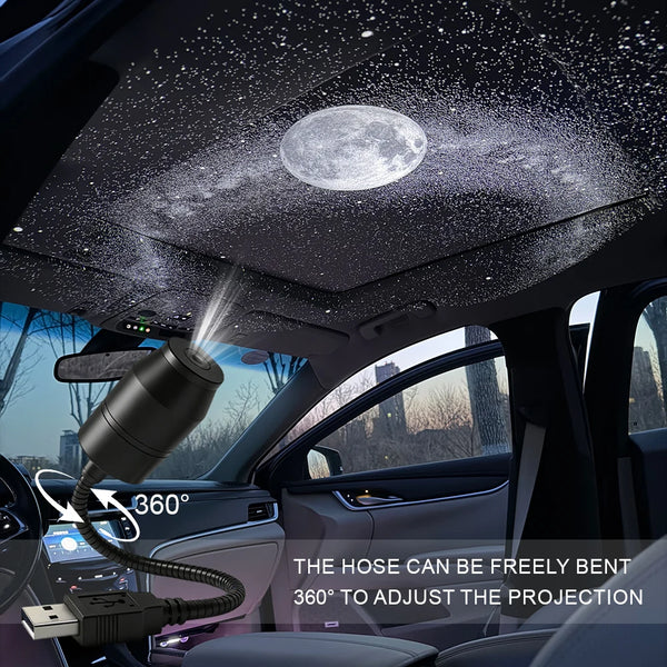 A hose projector is shown aiming a light beam onto the ceiling of a car interior, creating a starry effect.