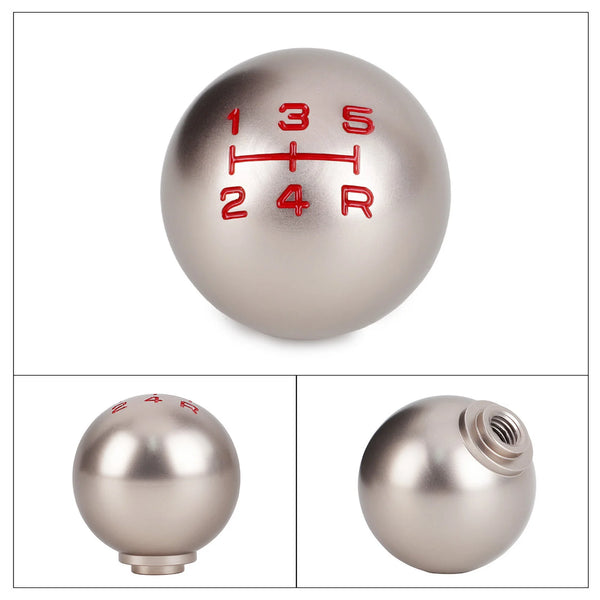A silver aluminum ball shift knob with numbered markings 1 to 5 and R, shown in multiple views.