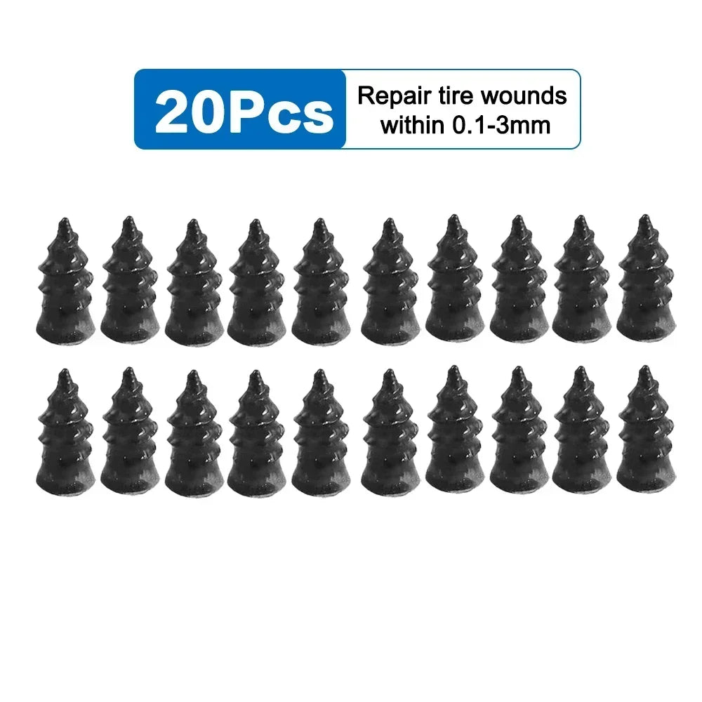 A set of 20 rubber tire repair plugs for various vehicles, shown in black.