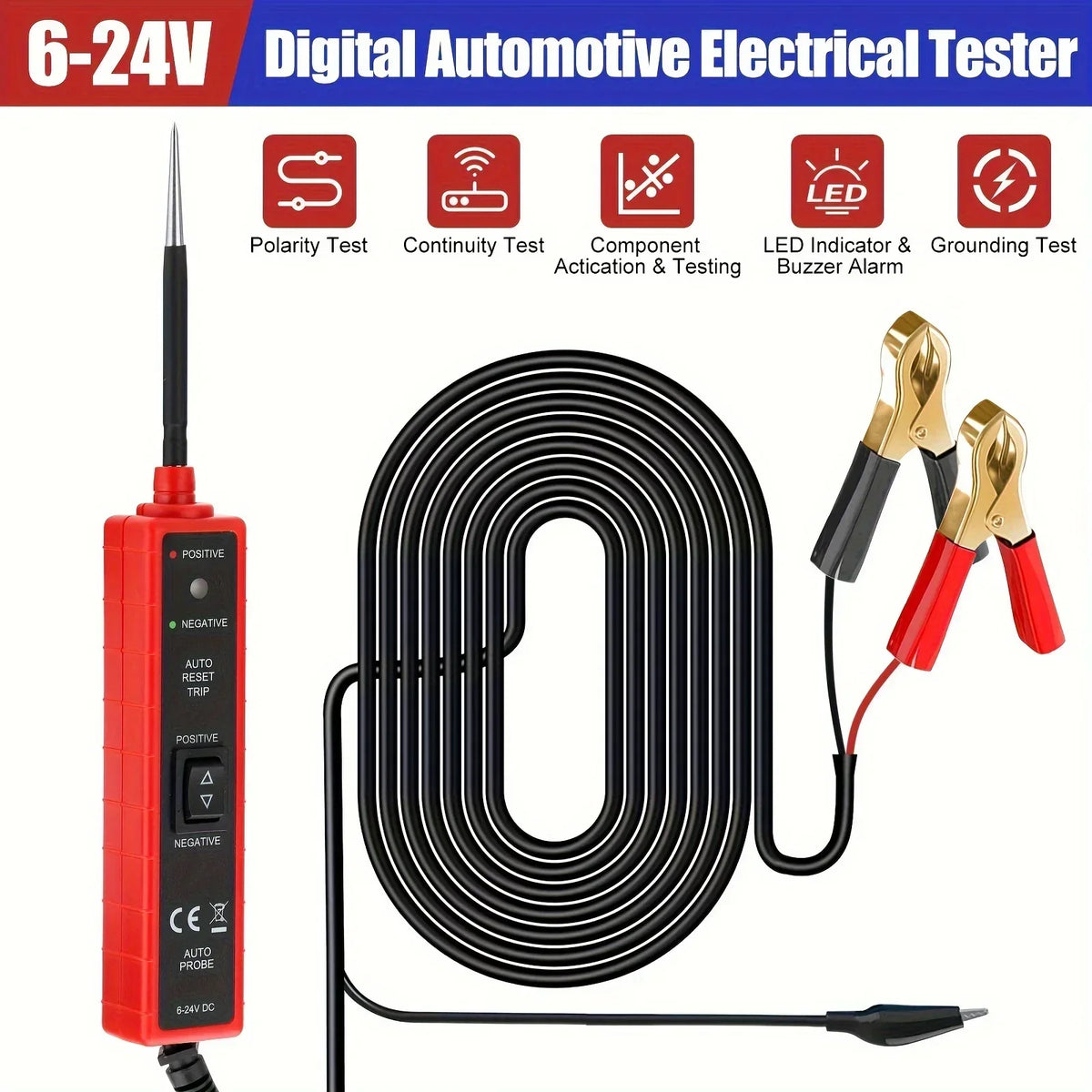 A red digital automotive electrical tester with a probe and cable is shown next to various testing features.