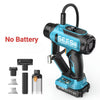 A blue and black portable tool kit featuring a tire inflator, car vacuum, and LED light.
