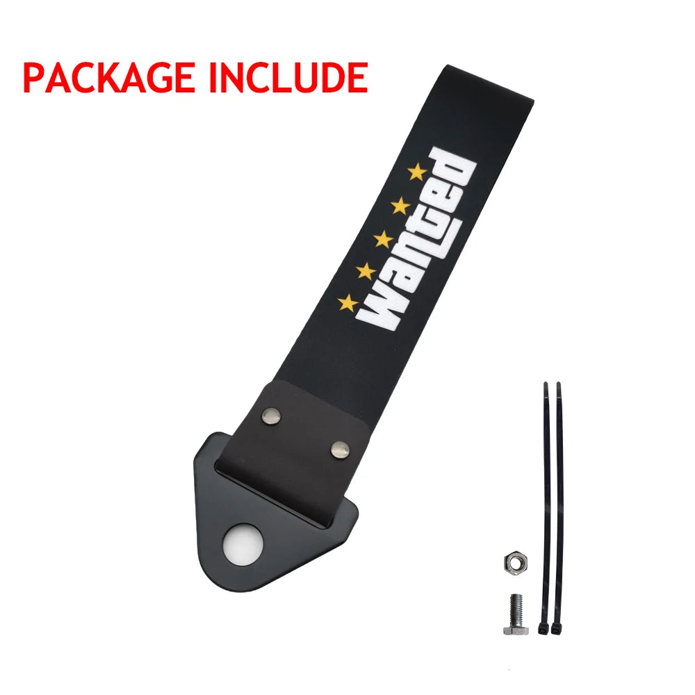 Black packaged universal tow strap with mounting hardware and strap sections