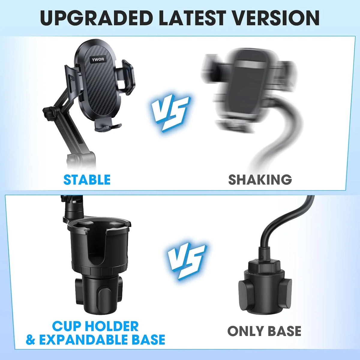 Comparison showing an upgraded version of a phone mount with stable features and a cup holder base versus a shaking only base