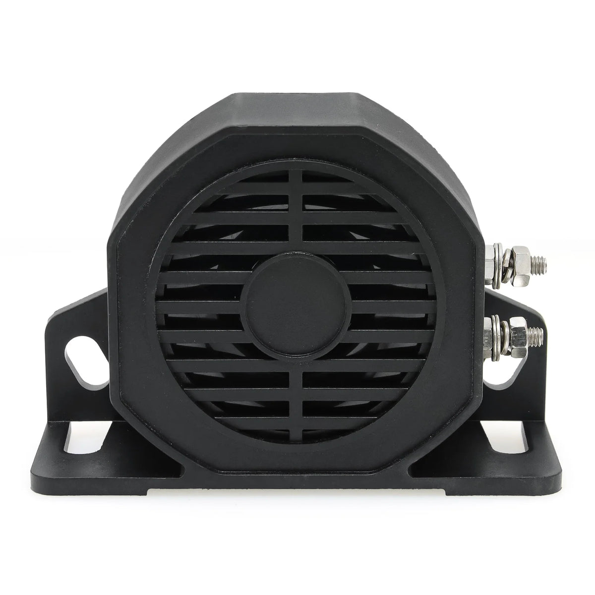 A black high-decibel reversing alarm horn mounted on a bracket.