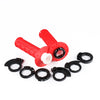 Red textured handlebar grips and various sized black mounting rings for motorcycle handlebars