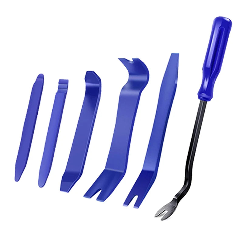 A set of blue plastic multi-functional tools for car trim removal.
