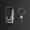 Juego de funda para llave de coche de fibra de carbono negra con llavero plateado y argolla negra.