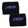 Couverture en néoprène noire avec un logo de bande de course bleue pour réservoir de liquide de frein de moto ou porte-clés.