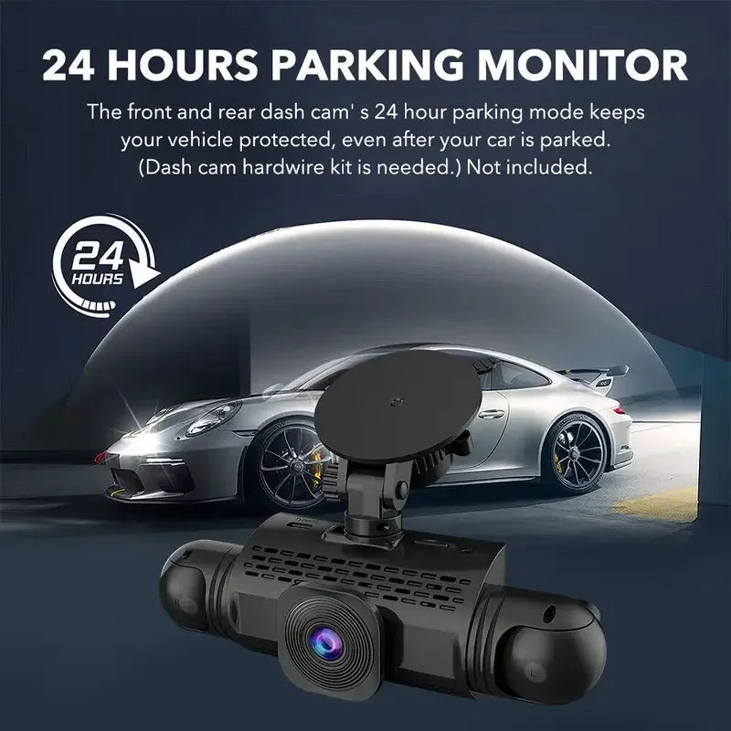 A black car dash cam is shown mounted on a car, with a dark gray car in the background.