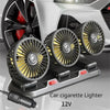 A silver car cooling fan with three adjustable metal fans and an aromatherapy feature, powered by 12V.