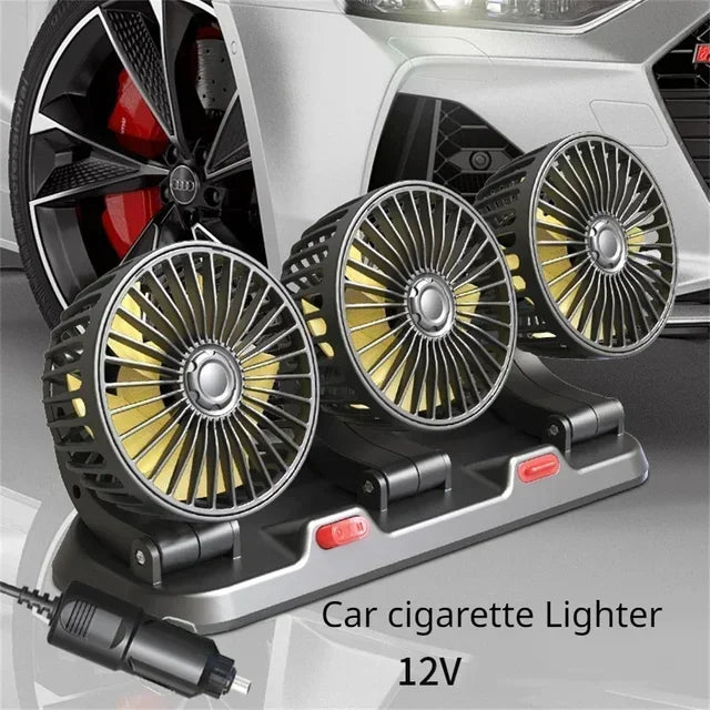 A silver car cooling fan with three adjustable metal fans and an aromatherapy feature, powered by 12V.