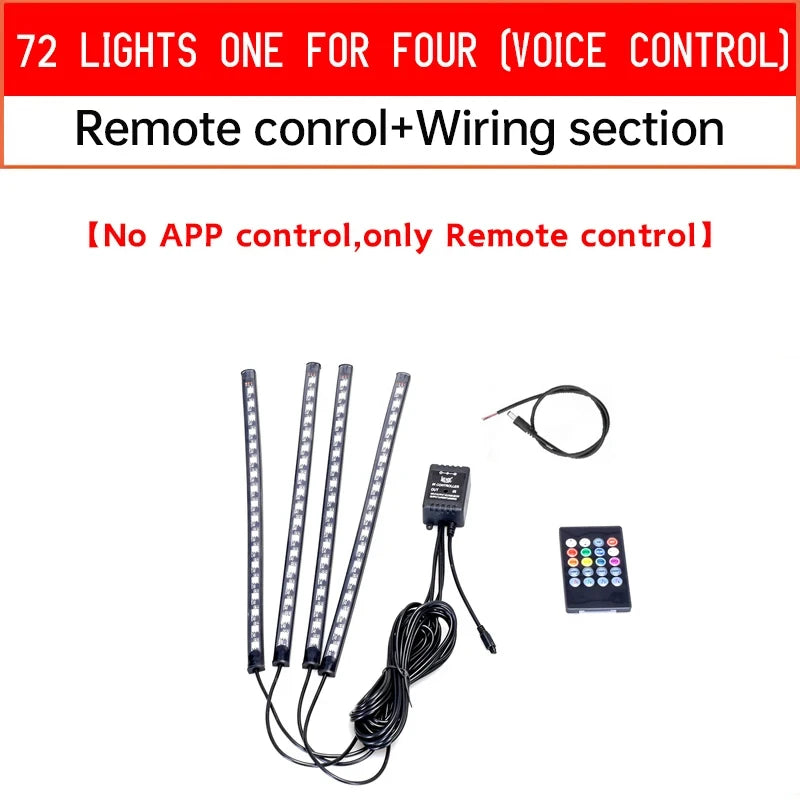 A set of 72 lights with remote control and wiring section, including LED strips and a handheld remote.