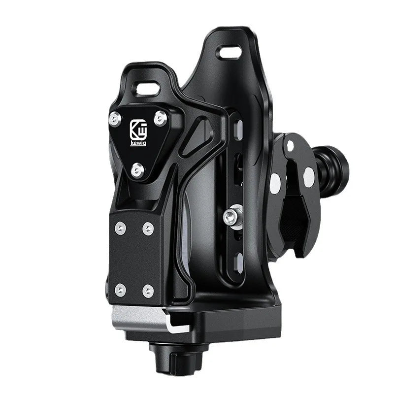 A black adjustable motorcycle drink holder clamp with mounting points and a bottle holder.
