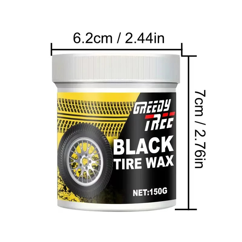 Weiße Dose Greedy Tree Black Reifenwachs mit gelb-schwarzer Etikette und schwarzem Reifenprofil.