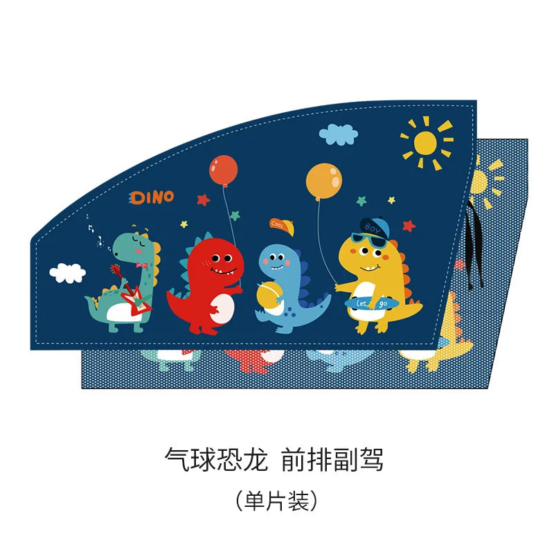 A set of magnetic double-layer car window shades designed for insect protection, featuring dinosaur characters.