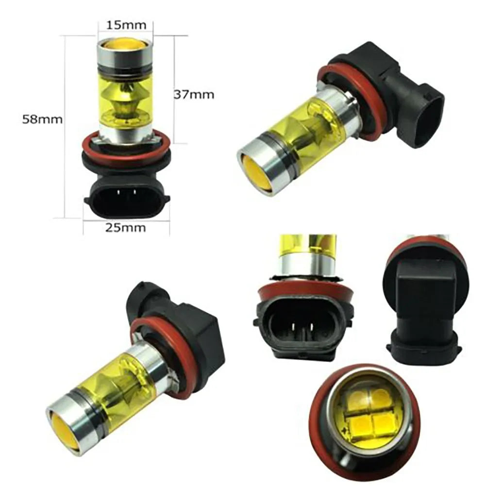 A collection of yellow LED fog light bulbs and connectors for automotive lighting.