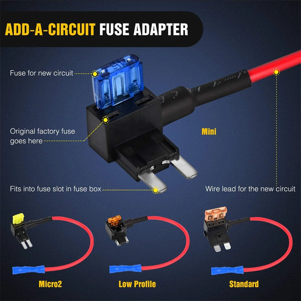 Adaptador fusible Add-A-Circuit con diferentes cables para nuevos circuitos: Micro2, Low Profile y Estándar.