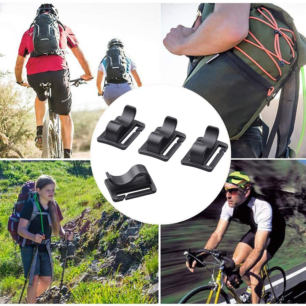 A set of black rotatable hydration tube clips for securing water tubes to backpacks and cycling gear.