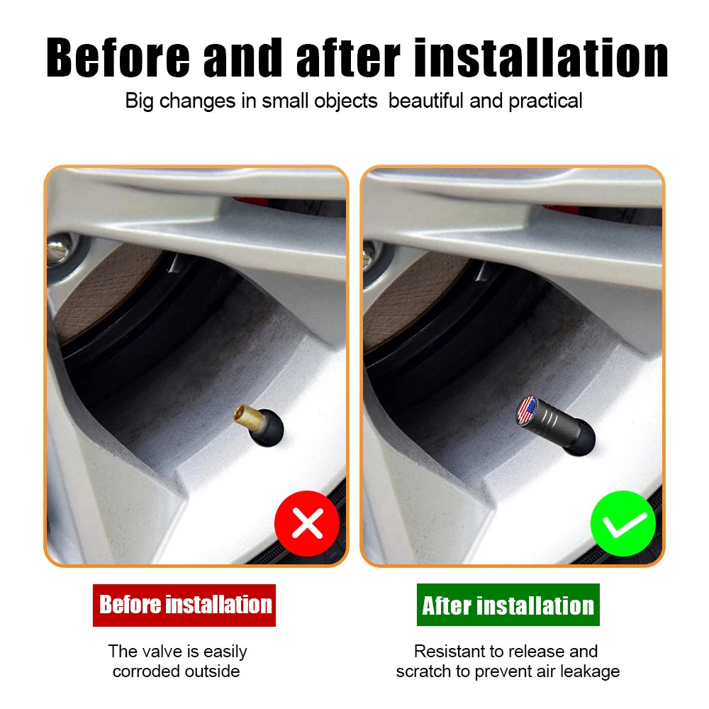 Before and after installation comparison showing the corrosion resistance of aluminum tire valve caps.