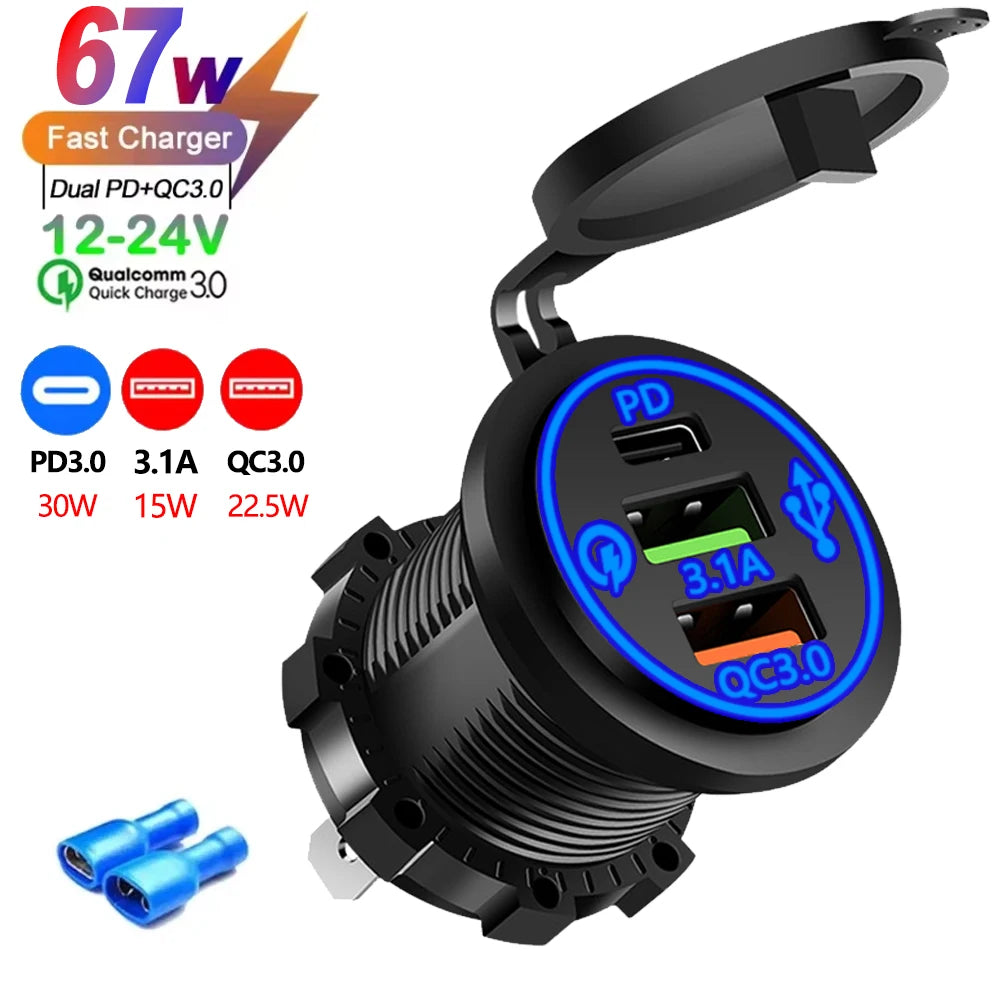 A black multi-port PD/QC car charger adapter with a folding design and blue cables.