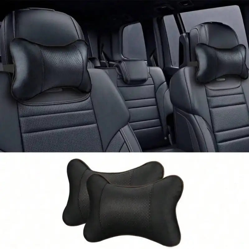 Black ergonomic auto headrest cushion for neck support shown in a car seat context.