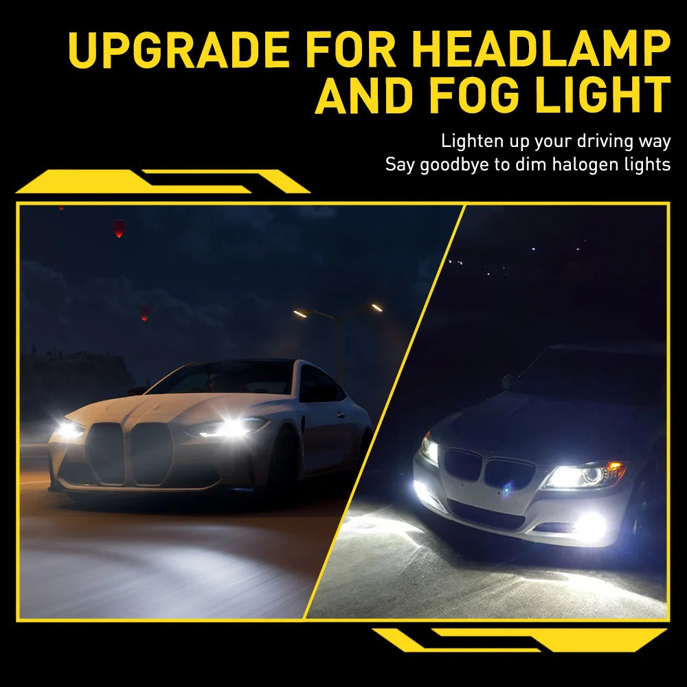 Upgrade for headlamp and fog light showing a BMW with bright LED driving lights.