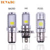 Three types of LED motorcycle headlight bulbs BA20D, H4, and P15D displayed side by side.