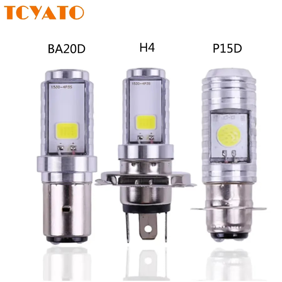 Three types of LED motorcycle headlight bulbs BA20D, H4, and P15D displayed side by side.