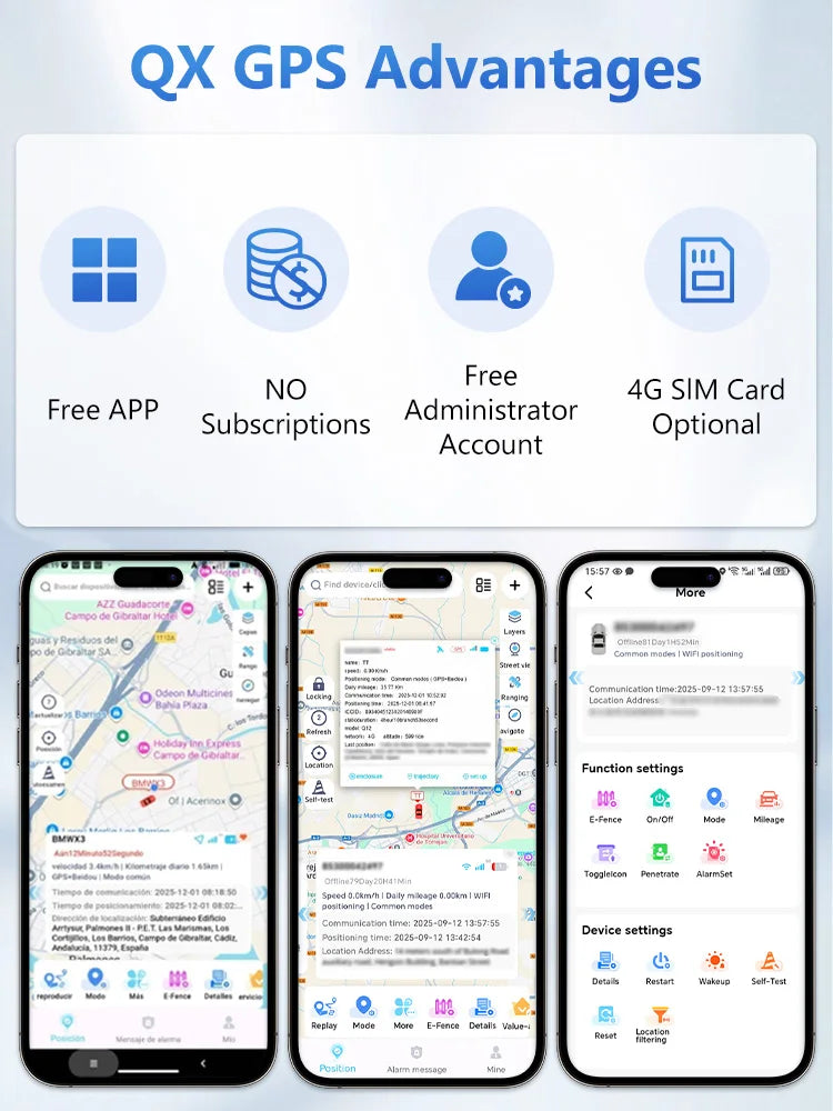 Graphique listant les avantages du GPS QX : application gratuite, pas d'abonnement, compte administrateur gratuit et carte SI