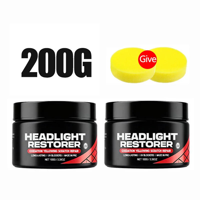 A jar of Headlight Restorer product next to a yellow disc and the text 200G.