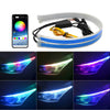 An RGB DRL LED light strip for automotive is shown with a power cable and various colored light patterns.