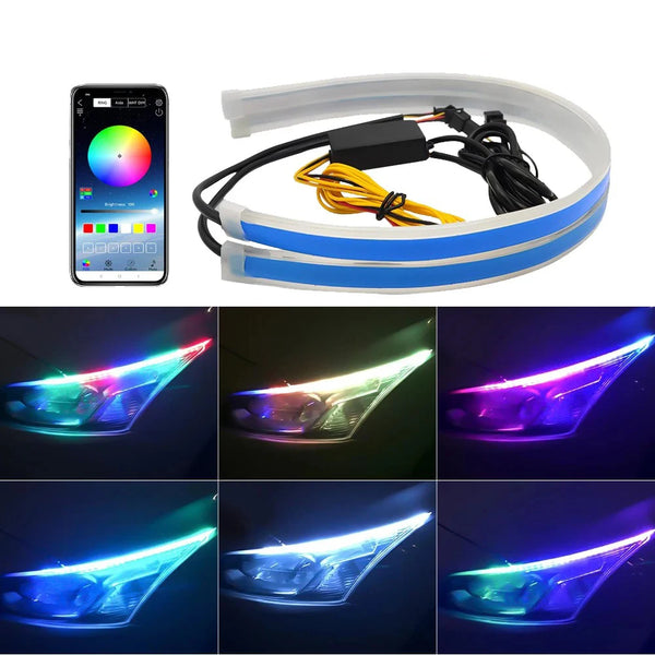 An RGB DRL LED light strip for automotive is shown with a power cable and various colored light patterns.