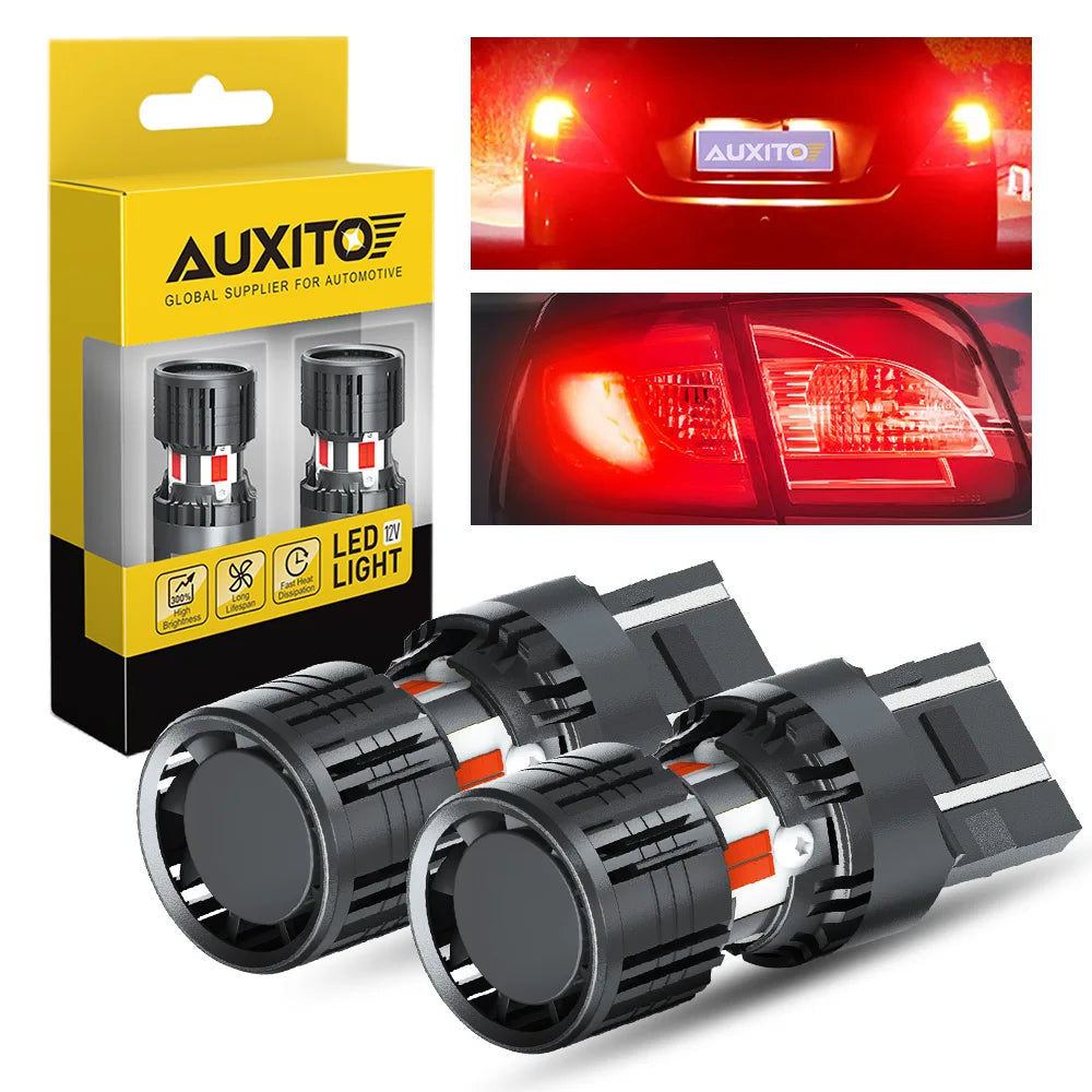 A set of dual mode LED brake and tail lights for vehicles shown in packaging and installed form.