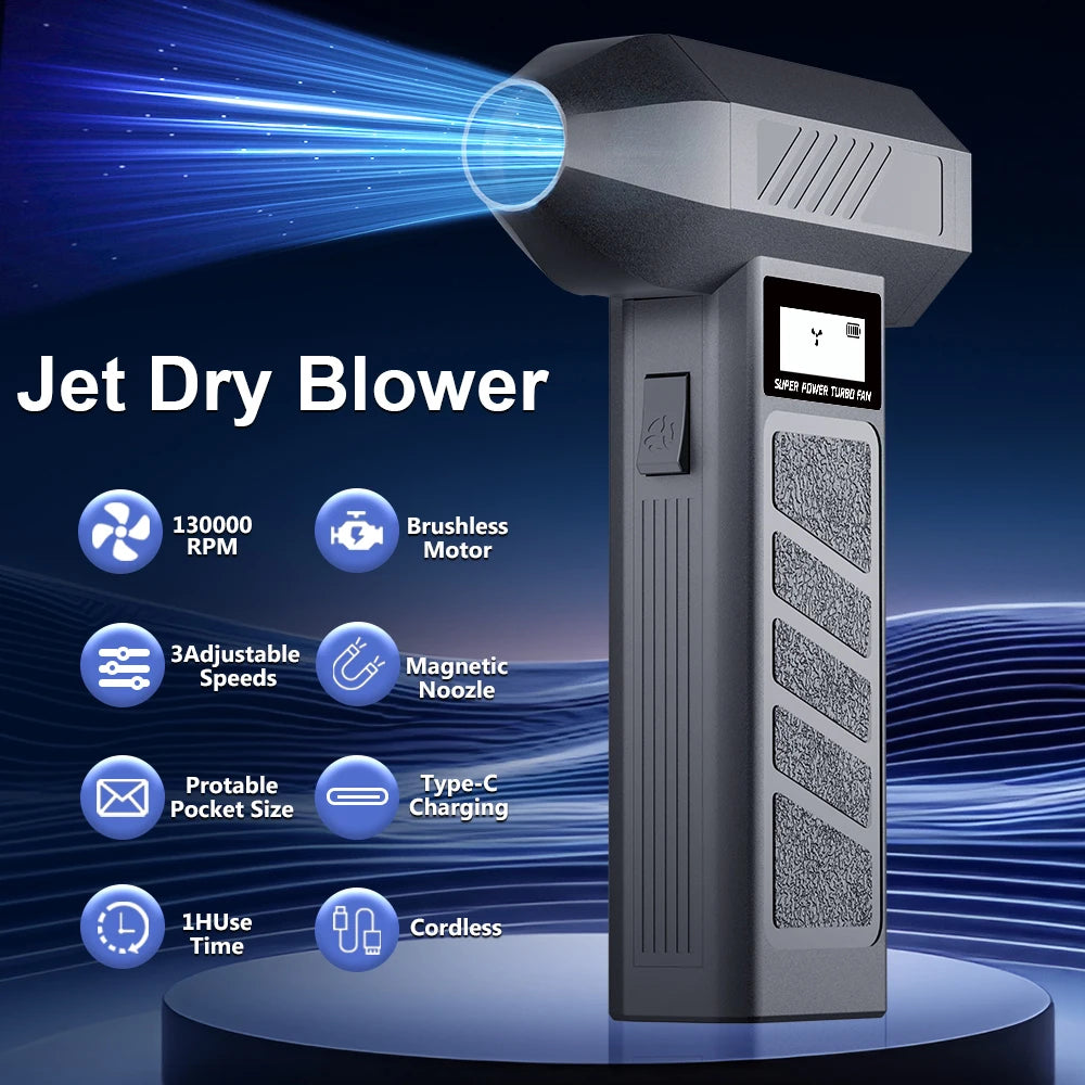 A black jet dry blower device is shown emitting a powerful stream of air against a dark background.