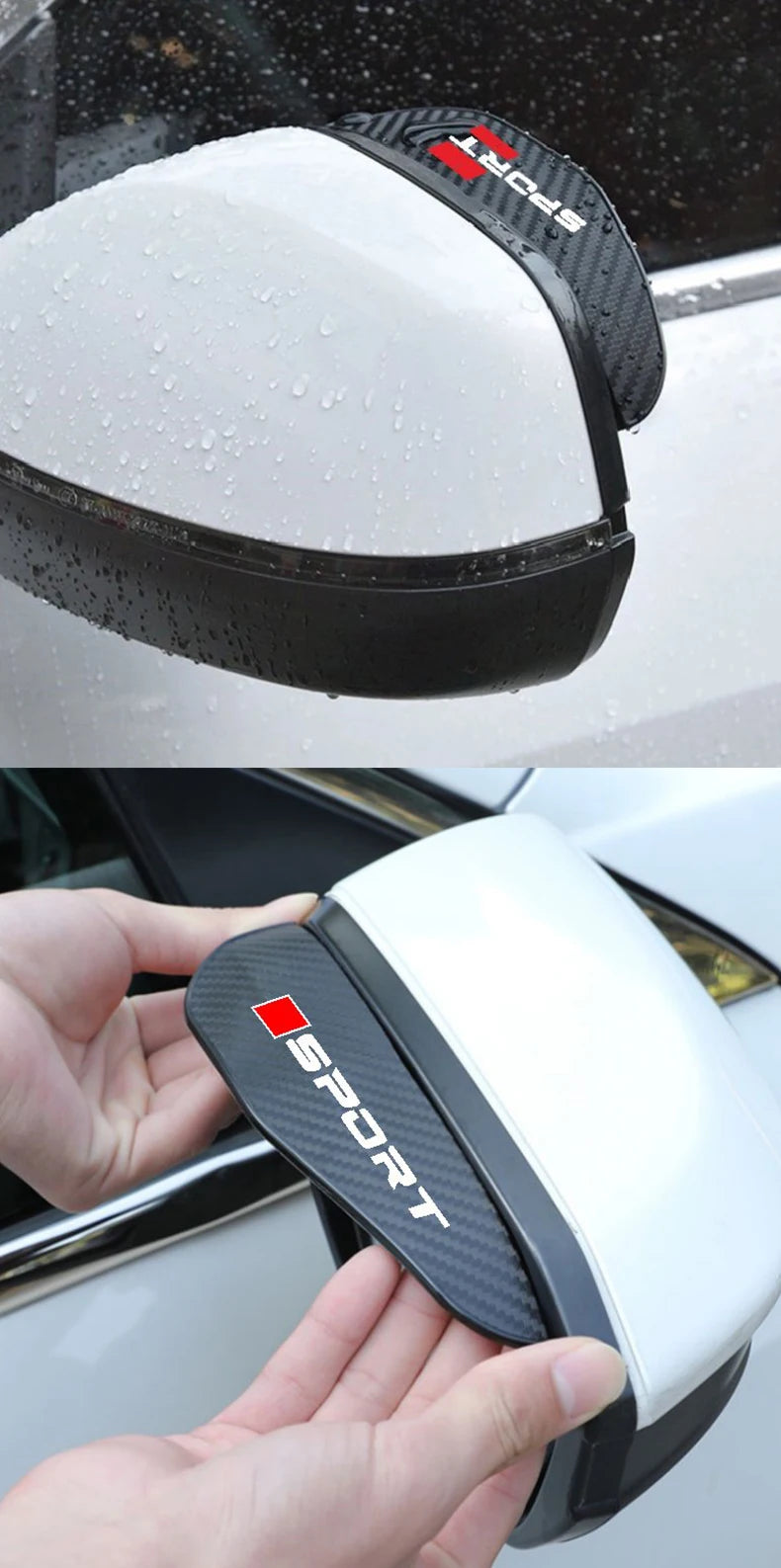 A black and white universal car rearview mirror rain cover is shown being held, demonstrating its fit.