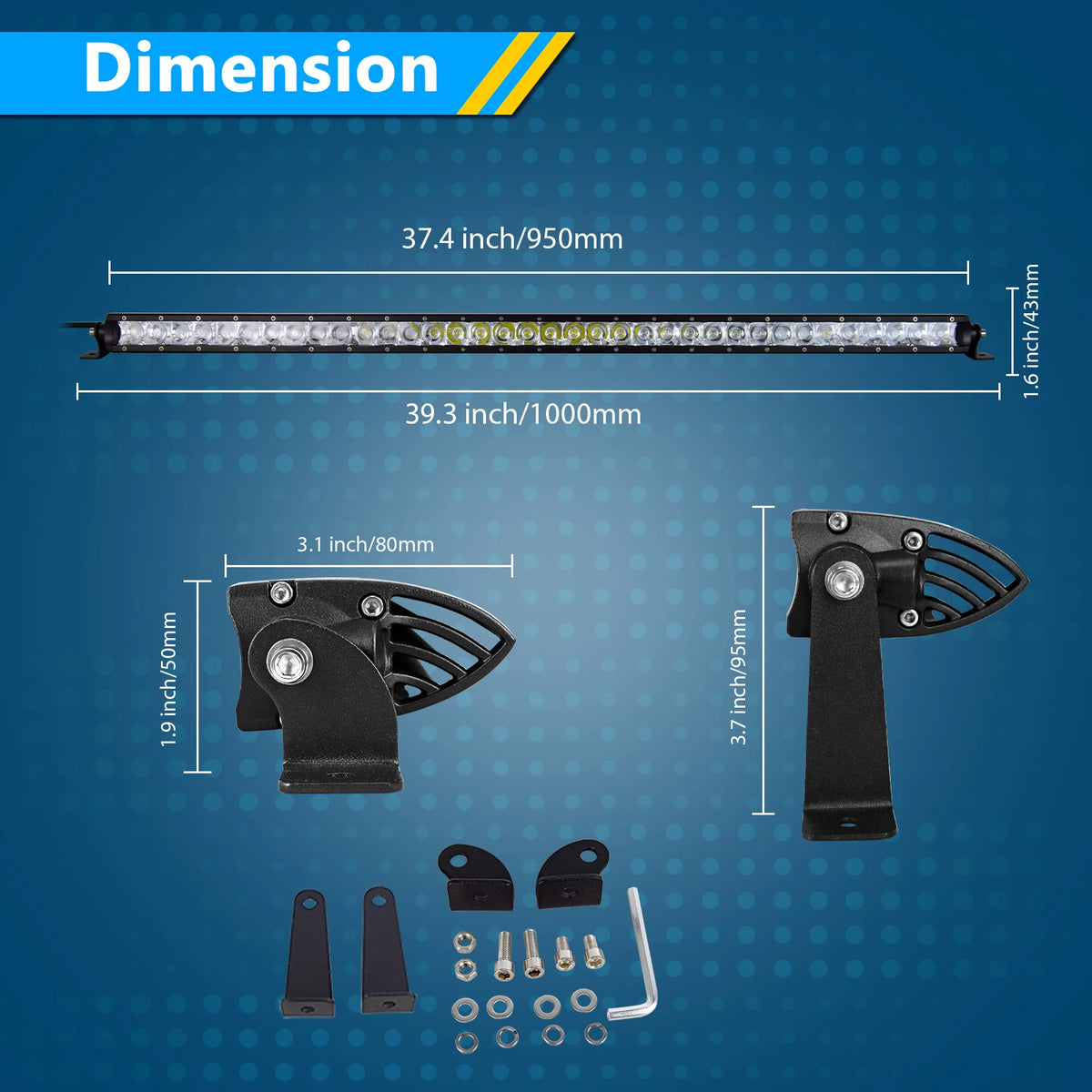 LED light bar and mounting hardware components for off-road vehicles, showing dimensions and parts.
