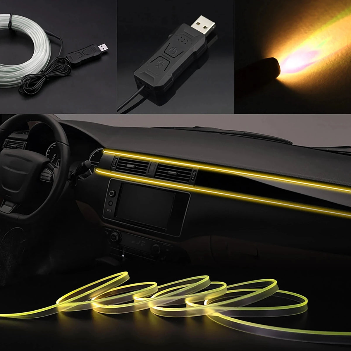 A yellow fiber optic LED strip is installed along the interior trim of a car dashboard.