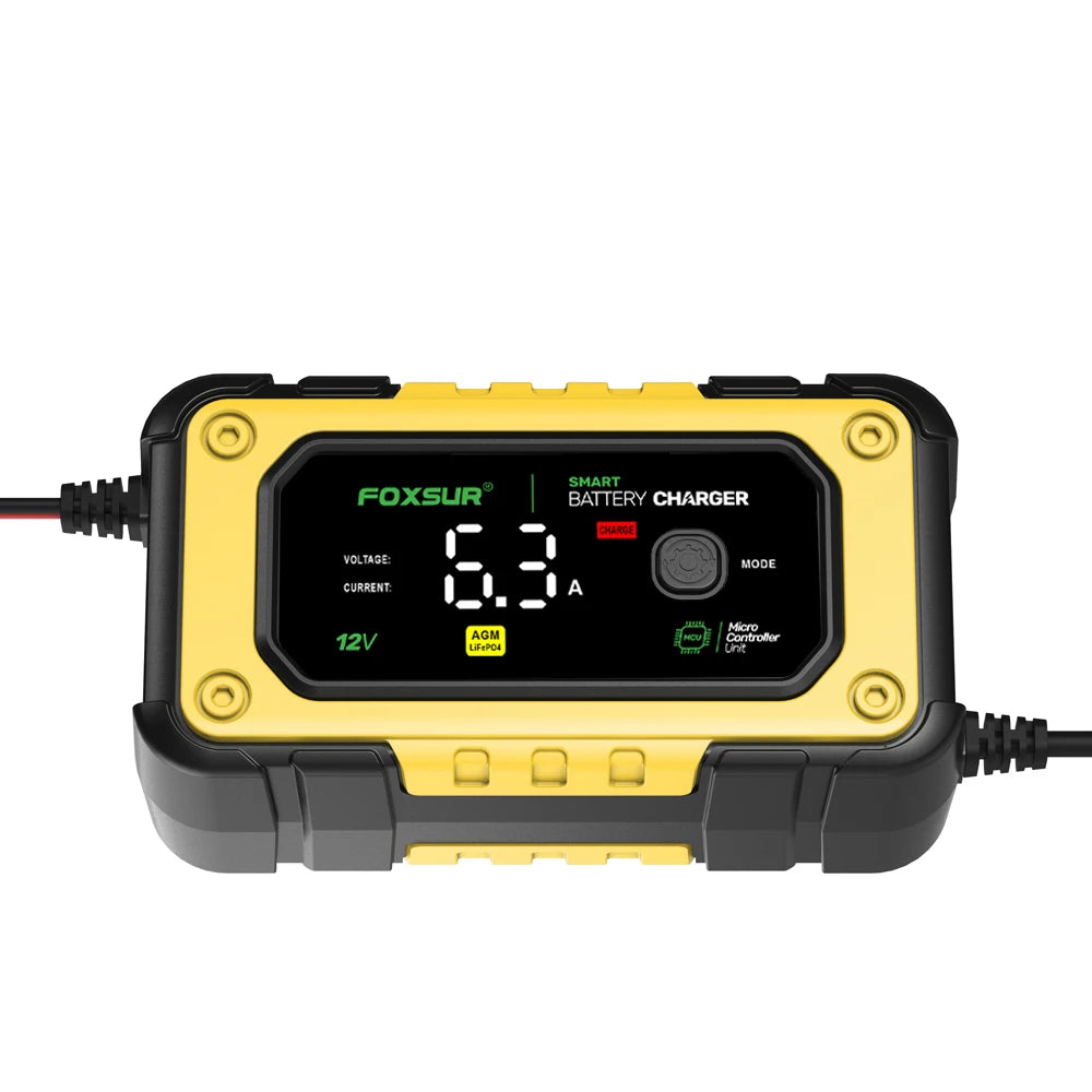 A yellow and black digital battery charger device with a display showing 6.3A current.