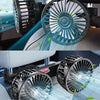 A close-up view of a 360° adjustable car cooling fan with a black grille and blue light effect.
