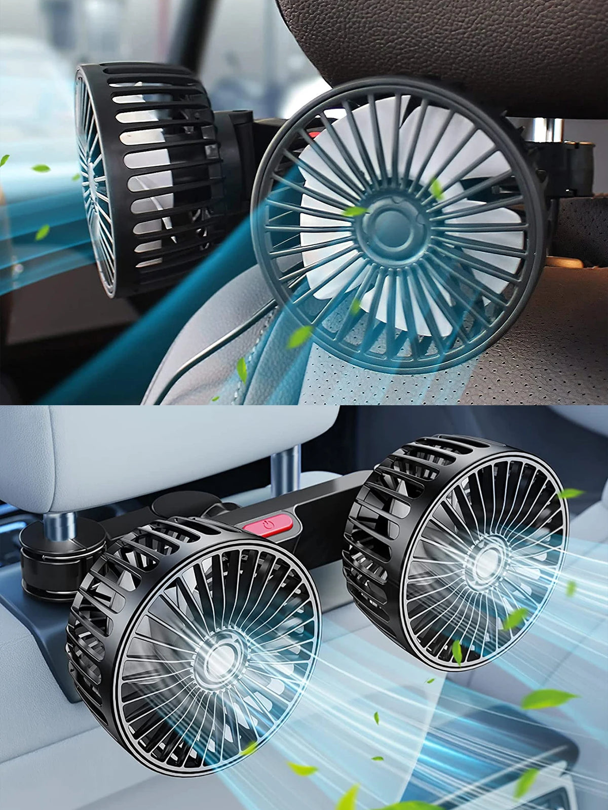 A close-up view of a 360° adjustable car cooling fan with a black grille and blue light effect.