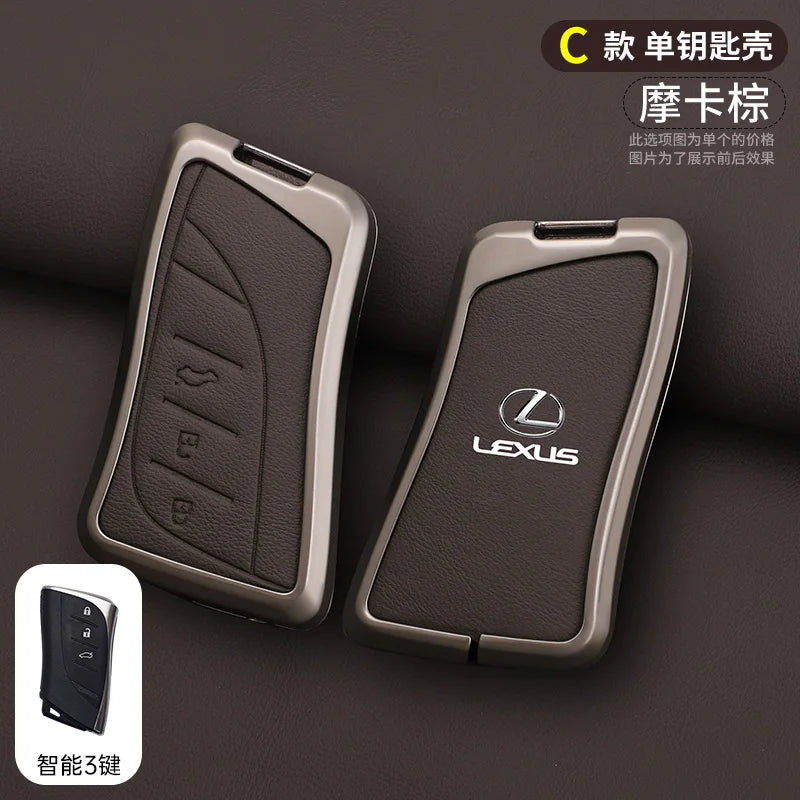 A dark brown Lexus car key cover shell is shown next to a black smart key.