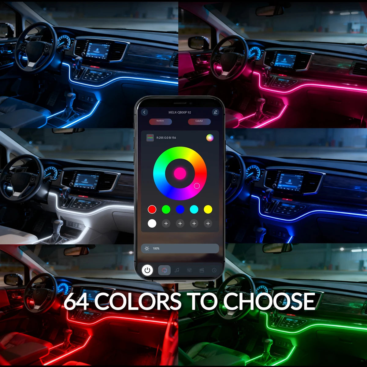 Anzeige mit 64 Farben zur Auswahl für 18-in-1 RGB Ambient LED-Streifen für die Auto-Innenausstattung.