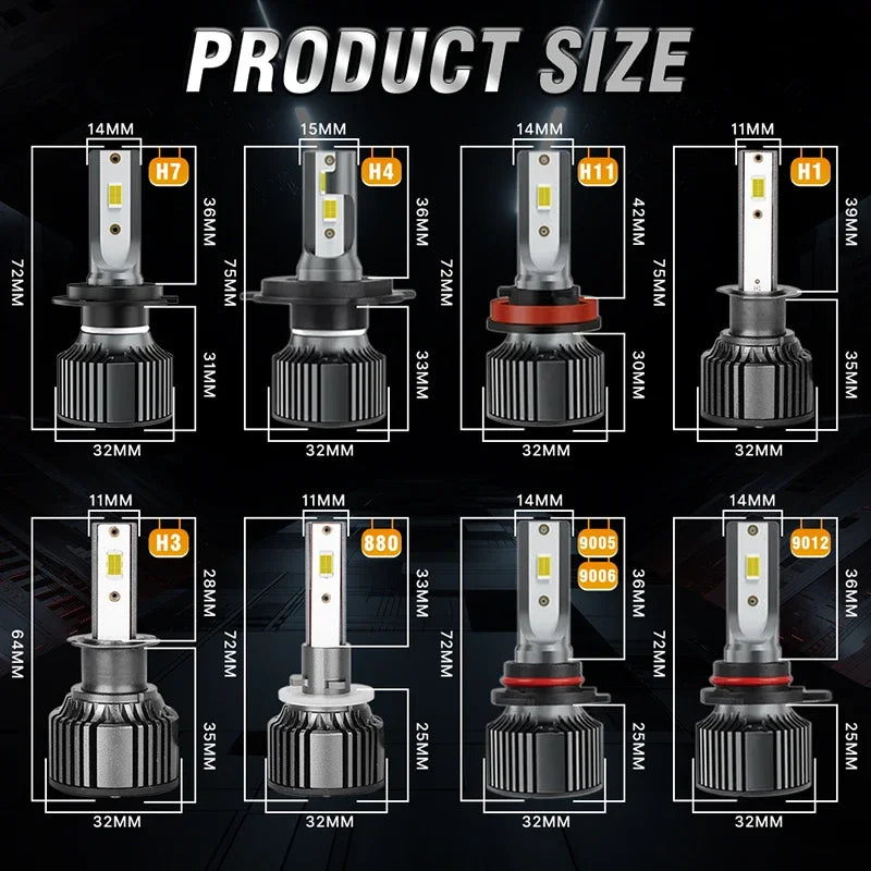 A display of various product sizes for H1, H3, H4, and H7 LED car headlight bulbs with corresponding dimensions.