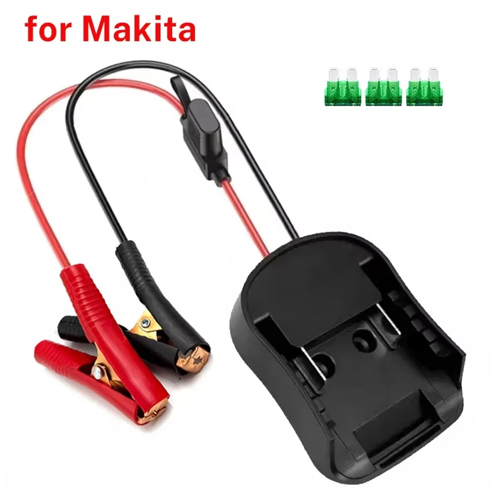 A black universal 20V battery jumper clamp with a red cable and multiple green battery connectors.